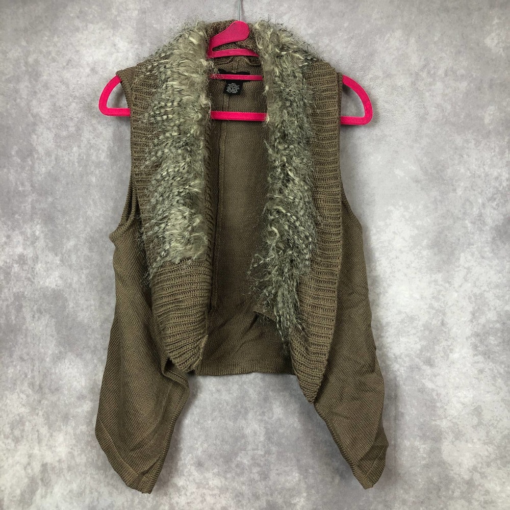 Sweater Project Cardigan Women Small‎ Sleeveless Knit Vest Tan Faux Fur Collar